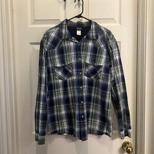 Patagonia Blue Green Plaid Long Sleeve Button Down Shirt Large